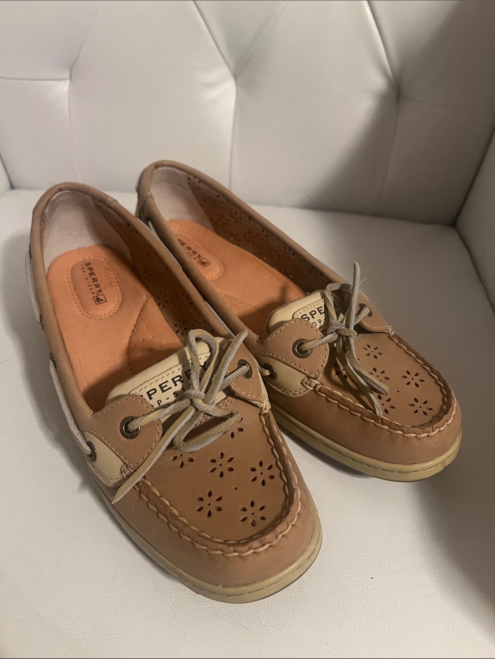 Sperry Women’s Tan & Cream Perforated Leather Boat Loafers